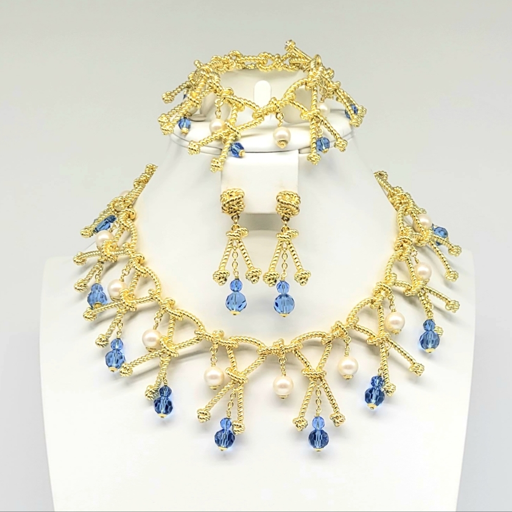 Heidi Daus Twist Gold Knot Jewelry Set with White Glass Pearl + Sapphire Crystal